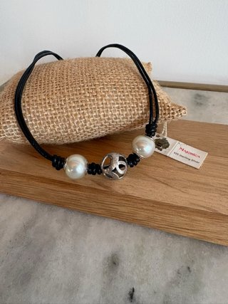 Collar Majorica Cuero Perlas Plata