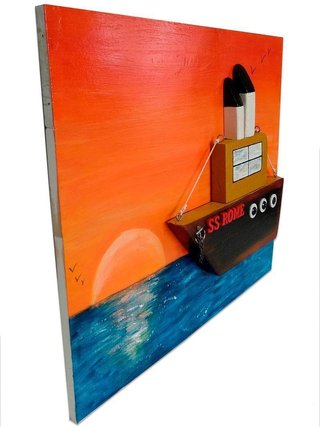 Cuadro pintado amanecer con barco en relieve