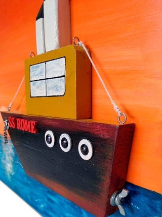 Cuadro pintado amanecer con barco en relieve