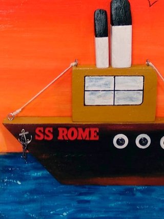 Cuadro pintado amanecer con barco en relieve