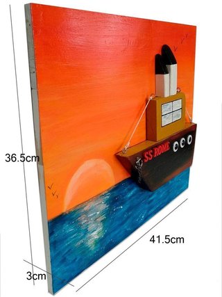 Cuadro pintado amanecer con barco en relieve