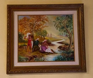 Cuadro decorativo paisaje río mujeres. Óleo.