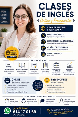 Inglés presencial y online con profesora nativa