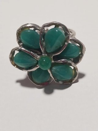 Anillo ajustable flor verde y plata
