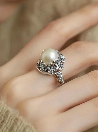 Anillo Perla Plata Diseño Floral