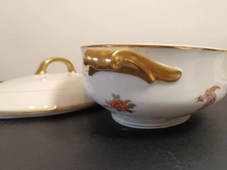 Limoges Sopera Porcelana Flores Dorada Años 50