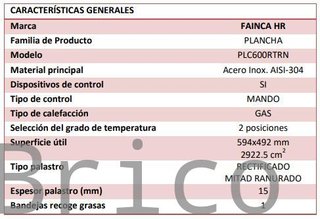Plancha Gas Acero Rectificado Ranurada Serie 500 - PLC600RTRN