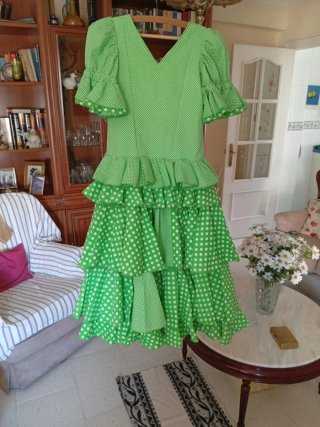 Traje Flamenca Verde Lunares Blanco Talla Única