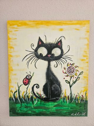 Lienzo Gato Negro con Mariquita