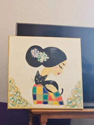 Lienzo pintado a mano: Mujer y gato