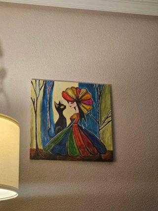 Lienzo pintado a mano mujer y gato