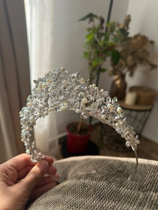 Tiara Novia Plata Perlas Cristales