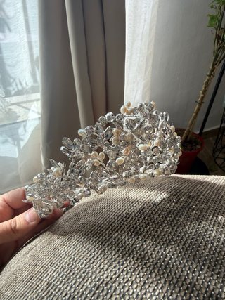 Tiara Novia Plata Perlas Cristales