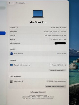 MacBook Pro 16 i9 1TB 8 núcleos 2019