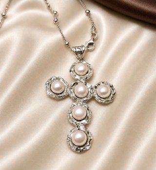 Collana croce perle argento 925 rodiato donna