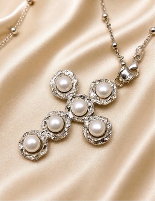 Collana croce perle argento 925 rodiato donna