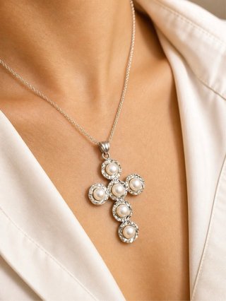 Collana croce perle argento 925 rodiato donna
