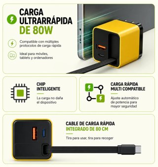 Cargador GaN 80W Cable Retráctil 3 en 1