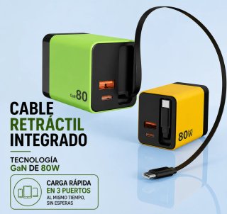 Cargador GaN 80W Cable Retráctil 3 en 1