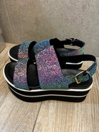 Sandalias cuña mujer glitter azul multicolor