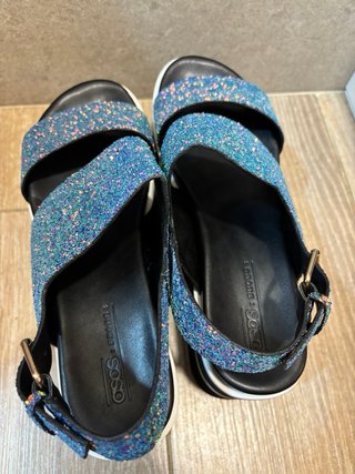 Sandalias cuña mujer glitter azul multicolor