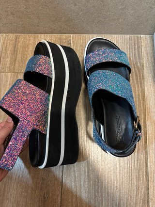 Sandalias cuña mujer glitter azul multicolor