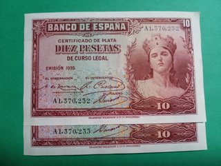 2 Billetes de 10 Pesetas antiguas SIN CIRCULAR.