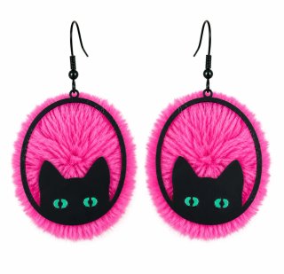 Preciosos Pendientes rosa intenso y gato negro