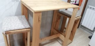 Mesa alta madera natural + 2 taburetes