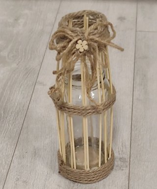 Jarrón artesanal de madera, cristal y yute