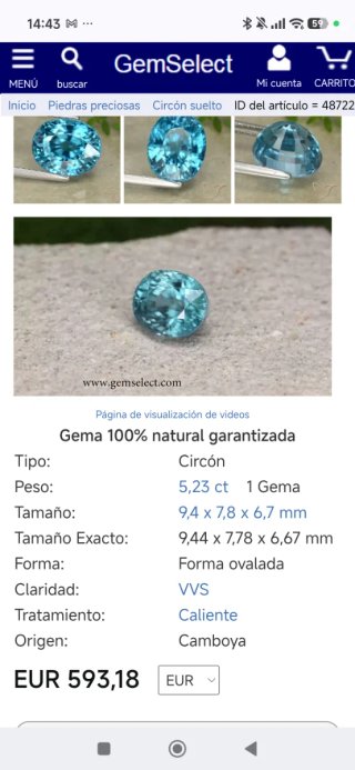Circón azul natural 5.23ct