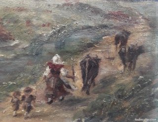Óleo sin firma: carretera con vacas y niños