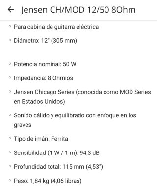 Altavoz de Guitarra: Jensen CH 12/50 8 Ohm. NUEVO.