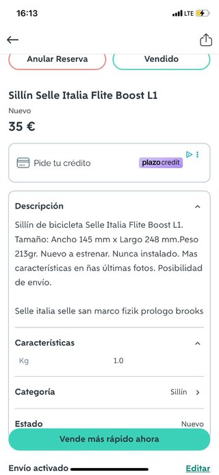 Sillín Selle Italia Flite Boost L1 Negro