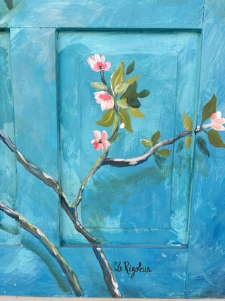 Cuadro puerta azul con flores y pájaros