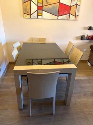 Mesa comedor y 6 sillas cristal y madera