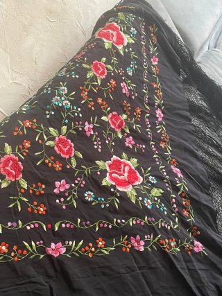 Mantón de Manila Antiguo Seda Negro Multicolor
