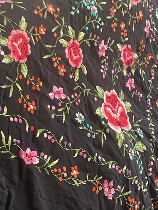 Mantón de Manila Antiguo Seda Negro Multicolor