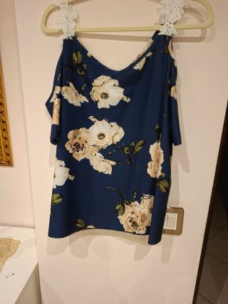 Top Raso Blu/Beige Floreale Spalle Scoperte