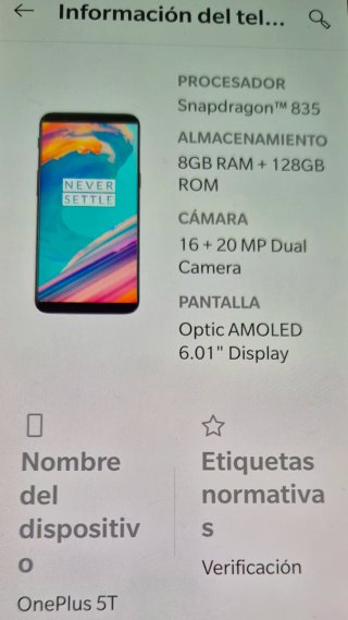 Movil OnePlus 5T. 8Gb+128Gb