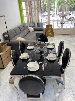 Mesa de cristal elegante 160 cm con 6 sillas negra