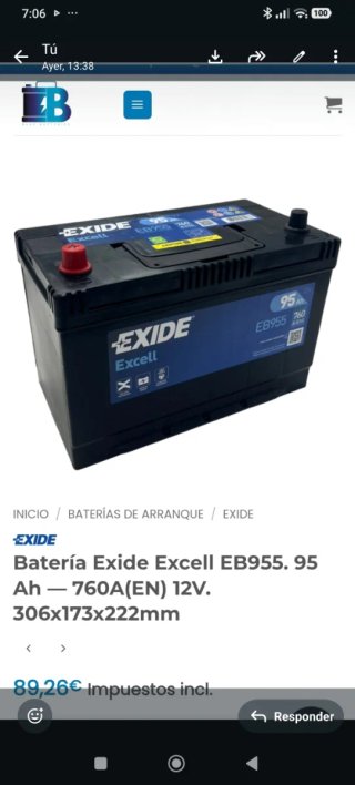 Batería Exide Excell EB955 95Ah 760A Nueva.