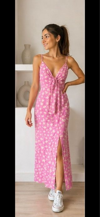 Vestito lungo floreale rosa con scollo a V