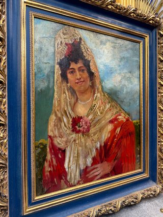 Ritratto di donna con mantello, bella cornice in blu e oro (firmato)