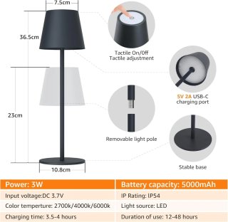 Lámpara Mesa LED Recargable Aipsun Gris