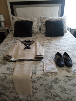 Traje de comunión bei y azul marino moderno T:11