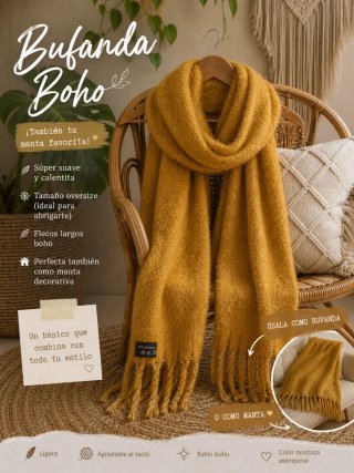 Bufanda oversize mostaza textura ultrasuave
