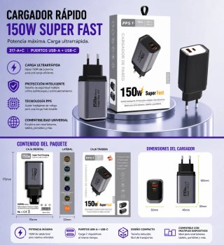 ⚡ Cargador 150W Super Fast USB-C PD QC 3.0