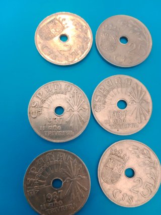 Lote 6 monedas 25 cts. España 1937