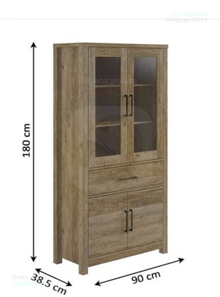 Mueble de madera con vitrina y cajón